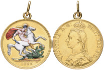 Victoria, Jubilee, 1887, two-pounds, reverse with enameled St. George and Dragon, mounted with loop for suspension

Estimate: GBP 1000-1200