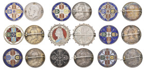Victoria, Jubilee head, florins (8, 1887 (6), 1888 (2); and George V, florin 1914, all brooch-mounted (one now removed/broken), one gilt, reverses ena...