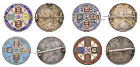 Victoria, Jubilee, 1887, florins (4), all brooch-mounted, reverses enamelled in a variety of styles (4)

Estimate: GBP 120-150