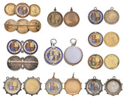 Victoria, Jubilee 1887, shilling, reverse enamelled, in silver locket with tortoiseshell interior; sixpences (7), all withdrawn type, some gilt, rever...