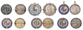 Victoria, Jubilee head halfcrowns (6), 1887 (3), 1888, 1889 (2), all brooch-mounted bar one, with ring suspension, reverses enamelled, two-gilt; anoth...