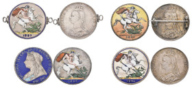 Victoria, Jubilee and old head crowns (4), 1887 (2), both enamelled on reverse, one brooch-mounted, the other with hinged loops at sides; 1890, unmoun...