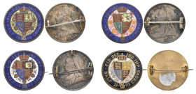 Victoria, old head halfcrowns (3), 1893 (2), 1897, all brooch-mounted, multicoloured enamels to reverse; together with a plain brass pin-back brooch w...