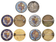 Victoria, old head halfcrown, 1897, multicoloured enamels to reverse; together with plain brass pin-back brooches with enamelled designs of the revers...