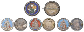 Victoria, old head florin, 1893, reverse enamelled, in pinback silver ring mount with wire border; Edward VII, florins (3), 1902 (2), 1904, all previo...