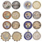Victoria, old head shillings (8), 1893-1900, one 1893 gilt, with enamelled reverse, in a 9 carat gold and glazed frame, suspension lacking and some lo...