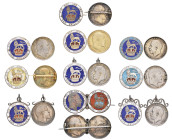 Edward VII, shillings (8), a pair of 1902 shilling joined on a pin brooch, obverse and reverse enamelled; 1902, 1904, 1906 (4), reverses all enamelled...