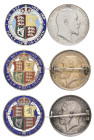 Edward VII and George V, halfcrowns (3), 1909, 1916, 1918, with multicoloured enamelled reverses, both George V brooch-mounted, 1916 gilt, fine to ver...