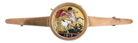 George V, half sovereign, 1913, mounted in a gold bar brooch or tie pin, the reverse with enamelled details, some wear and movement to coin at centre,...