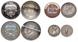 Australia, Parliament House 1927 florins (2), brooch-mounted, reverses enamelled; shilling 1913, reverse enamelled; together with Hong Kong, 10 cents,...