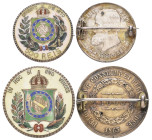 Brazil, Dom Pedro II (1831-89), 1,000 réis, 1863, with two attempted piercings in obverse wreath; and 500 réis, 1888, brooch-mounted, reverses enamell...