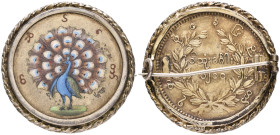 Burma, Mindon, kyat, CS 1214 (1852), obverse enamelled with multicoloured peacock on gilt background, reverse gilt, in pin-back ring mount

Estimate...