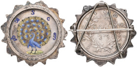 Burma, Mindon, kyat, CS 1214 (1852), obverse enamelled with multicoloured peacock on silvered background, in engraved pin-back ring mount

Estimate:...
