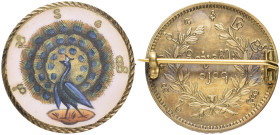 Burma, Mindon, kyat, CS 1214 (1852), obverse enamelled with multicoloured peacock on pink background, reverse gilt and brooch-mounted

Estimate: GBP...