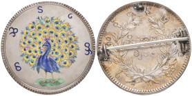 Burma, Mindon, kyat, CS 1214 (1852), obverse enamelled with multicoloured peacock on silvered background, brooch-mounted

Estimate: GBP 150-200