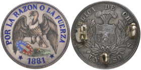 Chile, peso, 1881, brooch-mounted, obverse with brown enamelled condor holding red and blue wreath on green ground, with blue enamelled legend

Esti...