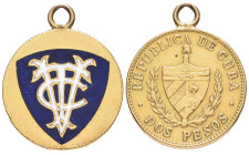 Cuba, Republic, gold 2 pesos, obverse erased and with blue enamelled shield bearing a white ‘VTC’ monogram, apparently for the Australian Victoria Tro...