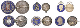 France, Louis XVI, half-écu aux lauriers, 1780 w, brooch-mounted, reverse enamelled; Belgium, Leopold II, 5 francs, 1869, brooch-mounted, enamelled ar...