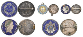 France, 5 francs (3), of Napoleon I, 1812 D, obverse in dark blue enamel with green olive wreath, Napoleon III, 1867 A and Third Republic, 1873 A, rev...