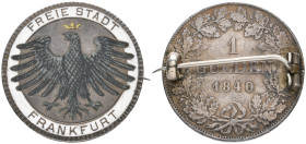Germany, Frankfurt, gulden, 1840, brooch-mounted, obverse enamelled with black eagle on silver border, white enamelled outer circle

Estimate: GBP 1...