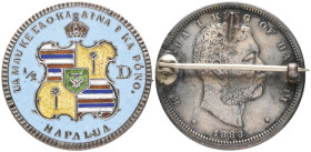 Hawaii, Kalakaua I (1874-91), half-dollar, 1883, brooch-mounted, reverse enamelled with multicoloured arms on light blue background

Estimate: GBP 2...
