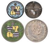 Hawaii, Kalakaua I, half-dollar, 1883, reverse enamelled in multicoloured arms and green background; quarter-dollar, 1883, reverse enamelled in multi-...