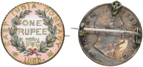 India, William IV, rupee, 1835, brooch-mounted, reverse in pink enamel, with pink and green enamelled wreath

Estimate: GBP 150-200