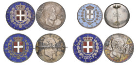 Italy, Sardinia, Carlo Alberto, 5 lire, 1840 and Vittorio Emanuele II, 5 lire (2), 1873, 1875, all brooch-mounted, on blue enamelled reverse with red ...