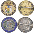 Italy, Sicily, Ferdinand II, 120 grani, 1857, brooch-mounted and gilt, with enamelled details to reverse; Sardinia, Carlo Felice, 5 lire, 1829 Turin, ...