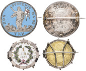 Malta, Emmanuel Pinto, 15 tari, 1761, brooch-mounted, obverse in light blue enamel, with engraved silver St John the Baptist holding red and white ena...