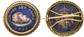 Malta, Emmanuel de Rohan, tari, 1786, enamelled on both sides in blue and multicoloured enamels, the head of St John the Baptist upon a silver salver,...