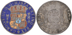 Mexico, Carlos III, pillar type 8 reales, 1763 MF, brooch-mounted, obverse arms enamelled in red, orange and blue on a dark blue background

Estimat...
