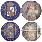 Mexico, 8 reales (2), both Mexico City, Carlos III, 1773 J.M. and Carlos IV, 1791 F.M., reverses enamelled with red, white and blue arms on dark blue ...