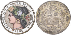Peru, 5 pesetas, 1880 B.F., mount to reverse with clasp and pin now removed, obverse with multicoloured enamelled bust on silvered background with whi...