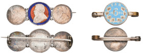 South Africa, Z.A.R., Kruger, sixpence, 1896, reverse in light blue enamel, mounted as a bar brooch; and a 3-coin bar brooch, with sixpence, 1892, mou...