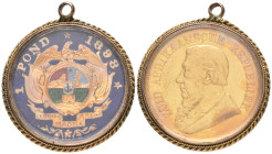 South Africa, Z.A.R., Kruger, pond, 1898, reverse with partially enamelled arms on a dark blue enamelled field, in a glazed mount with loop suspension...