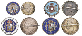 Spain, 5 pesetas (2), Amadeo I, 1871, Alfonso XII, 1885; Isabella II, escudo, 1868; and Portugal, Carlos I, 500 réis, 1891, all brooch-mounted, with r...
