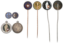 Switzerland, Confederation, franc, 1877, enamelled obverse with loop mount; half-franc 18--, mounted as an enamelled stick-pin; rappen, 1884, obverse ...