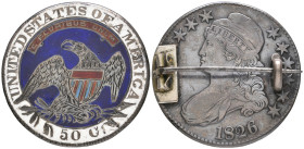 U.S.A., half-dollar, 1826, brooch-mounted, reverse enamelled in dark blue and red enamels, with white border

Estimate: GBP 150-200