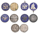 U.S.A., Liberty seated half-dollars (5), 1870, 1875, 1876, 1877 (2), mostly with blue enamels to reverse only, one enamelled both sides, variously mou...