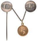 U.S.A., a gold dollar, 1873, with loop-mount, suspended on a silver chain with two British George V silver threepences, the first mounted as a stick p...