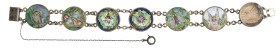 U.S.A., a bracelet of seven dimes, 1877-1890, six skilfully enamelled on one side in natural colours and representing an owl, insects and flowers, the...