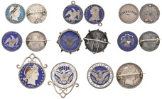 U.S.A., half-dollars (2), 1892, brooch-mounted with enamelled reverse, and 1899, scroll mounted for wear as a pendant, enamelled both sides; quarter-d...