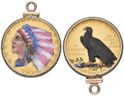 U.S.A., 5 dollars, 1909, in a 12 carat gold plated ring-mount (marked ‘1/20-12k GF’) with upper suspension loop for wear as a pendant, Indian’s head e...