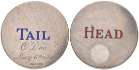 U.S.A.., a silver gaming token, original host coin uncertain, the obverse with ‘HEAD’ in red enamel, the reverse with ‘TAIL’ in red enamel, engraved b...