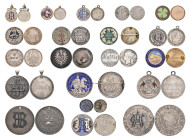 Miscellaneous: Enamelled and engraved coins, discs, etc., mostly silver (20), including a blue-enamelled Kremnitz half-thaler, a Hawaiian dime and a P...