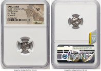 CENTRAL GAUL. Aedui. Ca. mid-1st century BC. AR quinarius (13mm, 5h). NGC VF. Ca. 100-50 BC. Celticized helmeted head of Roma left; two pellets behind...