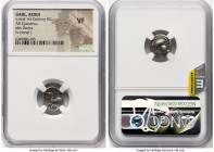 CENTRAL GAUL. Aedui. Ca. mid-1st century BC. AR quinarius (14mm, 4h). NGC VF. Ca. 100-50 BC. Celticized helmeted head of Roma left; two pellets behind...