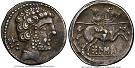 SPAIN. Bolscan (Osca). Ca. 2nd-1st centuries BC. AR drachm or denarius (18mm, 2h). NGC XF. Ca. 150-100 BC. BON (Iberian), bearded male head right, wea...