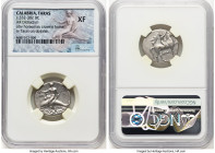 CALABRIA. Tarentum. Ca. 332-302 BC. AR stater or didrachm (21mm, 5h). NGC XF. Sim-, magistrate. Nude youth on horseback walking right, crowning horse ...